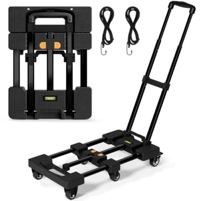 Image de Troozy Diable Pliable avec Freins, Chariot de Transport 226 kg, 4 Roues universelles, à Plateforme Extensible, Timon réglable, 2 Cordes, Noir