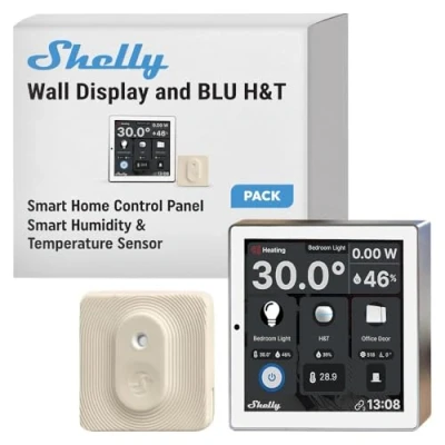 Image de Shelly Wall Display White + Blu H&amp;T Ivory (Bundle), Kit domotique Wi Fi &amp; Bluetooth, Panneau de contrôle, Capteur température et d’humidité, Relais interrupteur 5A, Thermostat, Mesure consommation