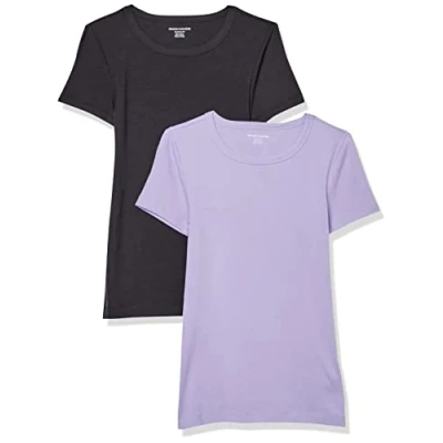 Image de Amazon Essentials T Shirt Col Rond à Manches Courtes Coupe Ajustée Femme, Lot de 2, Noir/Lavande, XS