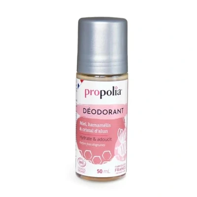 Image de PROPOLIA Bio Déodorant anti transpirant Hydrate et adoucit Hamamélis, Miel &amp; Cristal d&#039;Alun Odeur fraîche citronnée Fabriqué en France Roll on 50 ml