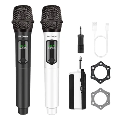 Image de talomen Microphone sans Fil Professionnel,système de Dual à 2.4 GHz Karaoké Dynamique Rechargeable avec Récepteur,160ft Ext,Idéal pour Karaoké,Chants,Fêtes,Soirées,DJ,K60 2 Noir Blanc