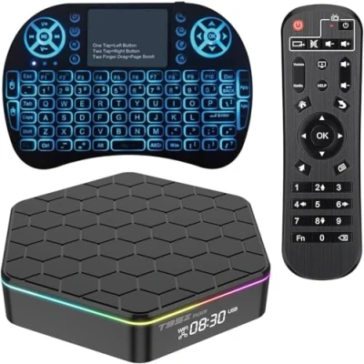 Image de Android TV Box 12.0, 4 Go de RAM / 32 ROM H618 Quad Core 64 Bits, Prend en Charge 2.4G + 5G Dual WiFi BT5.0 6K 3D H.265 Smart Boxes avec Mini Clavier rétroéclairé sans Fil
