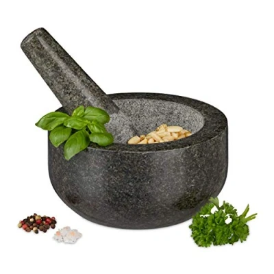 Image de Relaxdays mortier en granit avec pilon, robuste, pour épices, herbes, pierre polie, d. 16 cm, 400 ml, gris