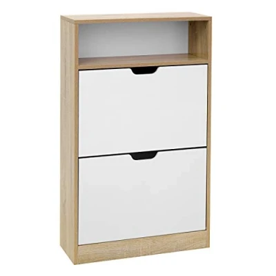 Image de VASAGLE Meuble à Chaussures 2 Portes Battantes, Étagère Chaussures, Compartiment Ouvert, Séparateur Réglable, 8 12 Paires, pour Petite Entrée, 24 x 60 102 cm, Blanc et Couleur Boisée LBC04NW