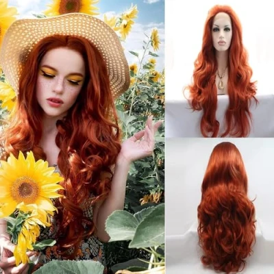 Image de Xiweiya Perruque complète pour femme Invisible Long cheveux ondulés Rouge/brun sans colle Résistante à la chaleur