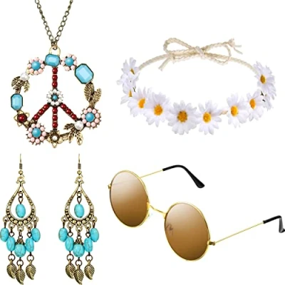 Image de Hicarer Ensemble de Costume Hippie Comprenant des Iunettes Soleil, Un Bandeau, Collier Signe la Paix et Boucles d&#039;oreilles Percées (Style Turquoise)