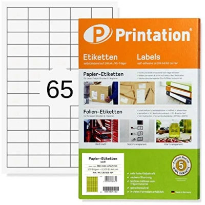 Image de Printation Pack de 25 feuilles A4 5x13 65 38,1 x 21,2 mm étiquettes universelles qualité 1625 38,1x21,2 Etiquettes autocollantes imprimables Blanc Compatible avec Avery 3666 L7651 Herma 4606