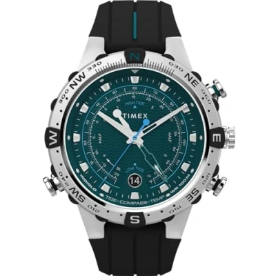 Image de Timex Expedition North Montre pour hommes, 45 mm, bracelet noir en silicone, deux parties, à ouverture rapide, cadran vert, boîtier acier inoxydable TW2W24200
