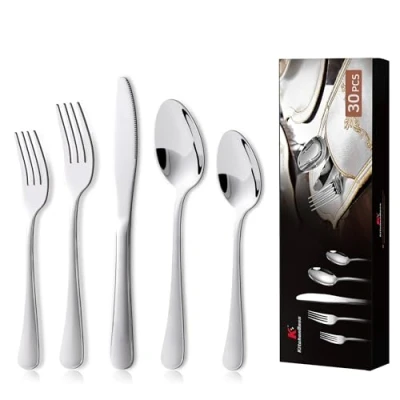 Image de KitchenBoss Ménagères Set Couverts de Table: 6 Personnes Ensemble vaisselle Table, en Acier Inoxydable, 30 Pièces Argenté, Lavables au Lave