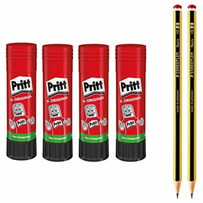 Image de Bâton de colle Pritt, sûre et adaptée aux enfants pour l&#039;art le bricolage, forte l&#039;école bureau, set économique avec 4x 22 g crayon Pritt 2x crayons HB