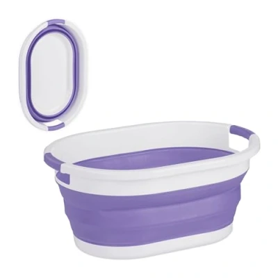 Image de Relaxdays Panier à Linge, 24 litres, en Plastique, Pliable, Rangement Peu encombrant, avec poignée, Violet et Blanc