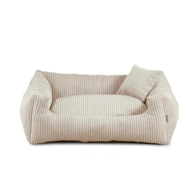 Image de Lit pour Chien en matériau Souple, rempli de Mousse polyuréthane, nervuré, antisalissure, Choix Couleurs et Tailles, Petit Coussin Inclus. (S 65x55, Beige)