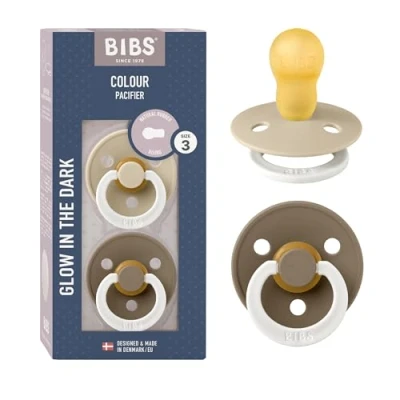 Image de Tétine BIBS Colour Glow. Lot de 2 sucettes. Brillent dans le noir. Sans bisphénol A, Téterelle ronde. Latex caoutchouc naturel, Taille 3 (plus 18 mois), Vanilla Glow/Dark Oak Glow