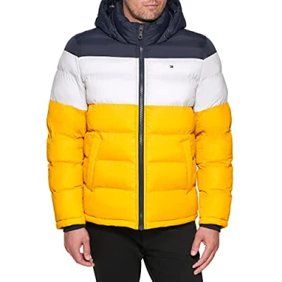 Image de Tommy Hilfiger Doudoune à Capuche Classique Manteau Alternatif en Duvet, Bleu Nuit/Glace/Jaune, L Homme