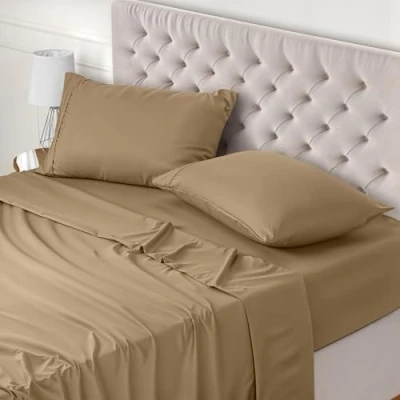 Image de Utopia Bedding Parure de Lit 150x200, Draps 2 Personnes, Ensemble 4 Pièces, Polyester Microfibre, 1 Drap Housse Plat 266x259 et Taies d&#039;oreillers 50x75, Sable