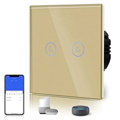 Image de BSEED Interrupteur Connecté Intelligent 2 Gang 1 Voie Tactile (Ligne Neutre Requise) WiFi de Verre 86mm Or
