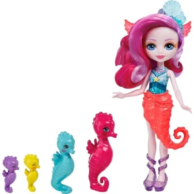 Image de Enchantimals Royaume de l&#039;océan Coffret Famille Sedda Hippocampe avec Mini poupée et 4 Figurines hippocampes, Jouet pour Enfant, HCF73