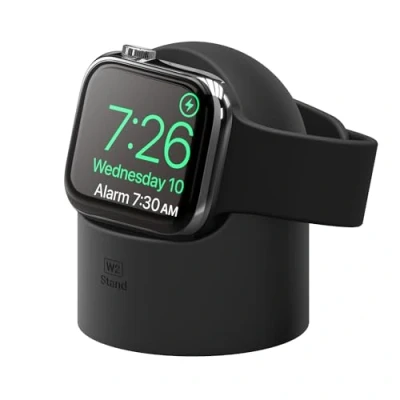 Image de elago Support Chargeur W2 Compatible avec Apple Watch Ultra 2/9/8/Ultra/SE2(2022)/7/6/SE/5/4/3/2/1 (49mm/45mm/44mm/42mm/41mm/40mm/38mm), Station Chargement, Mode Table de Nuit (Noir)