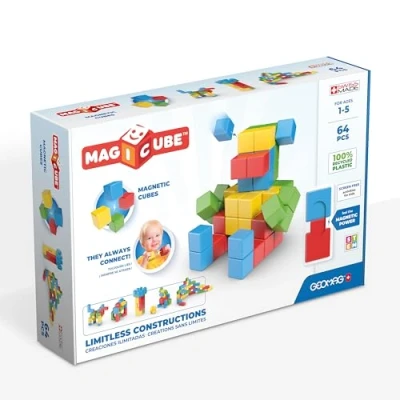 Image de Geomag Magicube Full Color Cubes Magnétiques à Empiler pour Bébé d&#039;1 an et plus 4 couleurs 64 Blocs de Construction 100% Plastique Recyclé