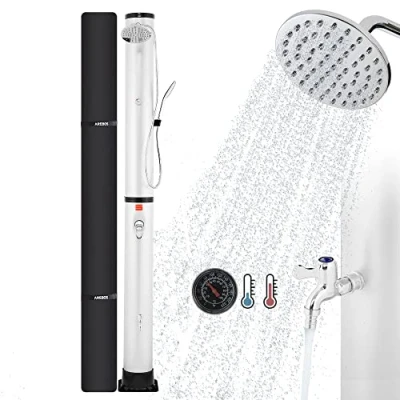 Image de AREBOS Douche Solaire 40 l avec thermomètre intégré Douchette à Main Pommeau de pivotant Pied et raccord Tuyau d&#039;arrosage matériel Montage Couvercle
