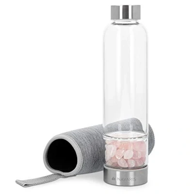 Image de Navaris Gourde à Pierres Précieuses Bouteille d&#039;eau en Verre Borosilicate 420ml avec Cristaux de Quartz Rose 28 x 6,2 cm et Housse Néoprène