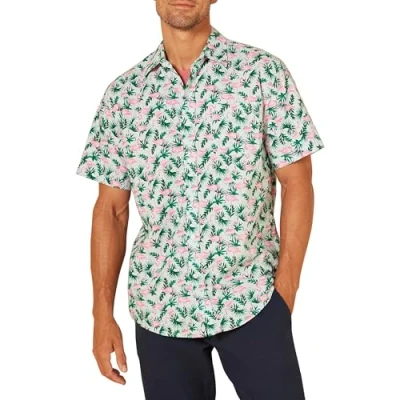 Image de Amazon Essentials Chemise Imprimée à Manches Courtes Coupe Régulière Homme, Vert Pastel Flamant Rose, XS