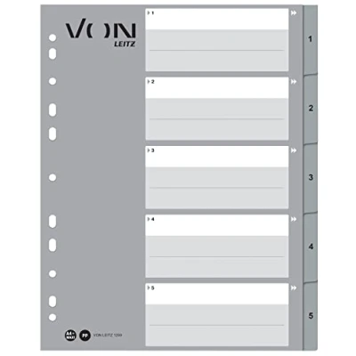 Image de von Leitz 12590085 Lot de 10 intercalaires numérotés 1 à 5 pour dossiers, PP, Leitz, extra large, universel 11 trous, gris