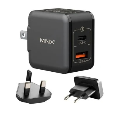 Image de MINIX NEO P1 Mini 33 W PPS Chargeur GaN 2 ports 1 port USB C rapide A 3.0. Compatible avec iPhone 8 15, Galaxy S10 S21, Pad et plus encore.