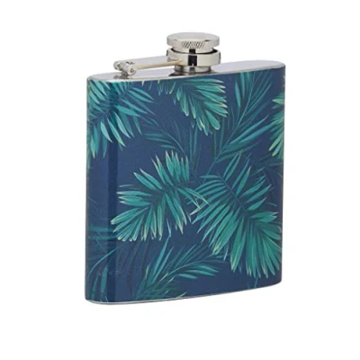 Image de BarCraft Hip Flask with Tropical Palm Print Design, Stainless Steel, 175 ml