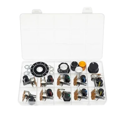 Image de (Paquet de 10) WH148 Potentiomètre horizontal simple tour à 5 broches avec interrupteur B20K 20K Ohm Résistances variables Axe moleté 15mm Capuchons bouton en alliage d&#039;aluminium