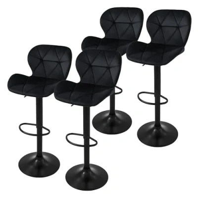 Image de Tabouret de bar ML DESIGN Lot 4 Velours noir Réglable 59 79cm Dossier et repose pieds