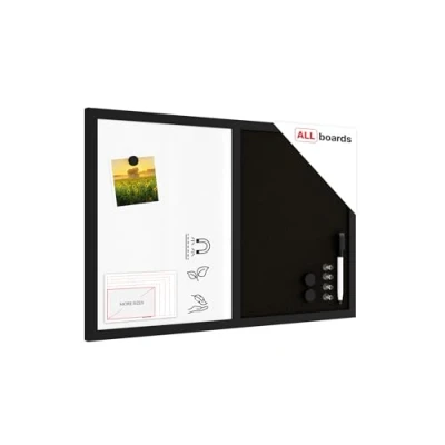 Image de ALLboards Tableau Combi 2 en 1, Blanc Magnétique Effaçable à Sec et Liège Noir avec Cadre Bois 60x40cm, Liège, d’Affichage