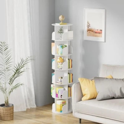 Image de tonchean Étagère à livres rotative 6 niveaux Pivotante 360 Multifonction de rangement Blanc Pour chambre coucher, d&#039;enfant, salon, bureau