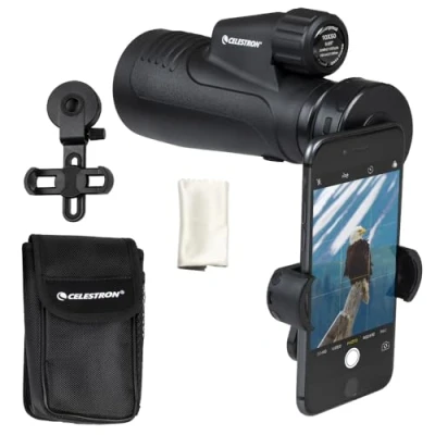 Image de Celestron 72370 Outland X 10x50 Monoculaire, adaptateur pour smartphone, télécommande Bluetooth, protections d’oculaire, étui ceinture. Boîtier durable, prismes BaK 4, optiques multicouches, noir