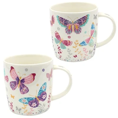 Image de Dekohelden24 Lot de 2 tasses à café en porcelaine, motif : papillons multicolores, dimensions 9 x 8 cm, capacité 270 ml, passe au lave vaisselle, rose multicolore