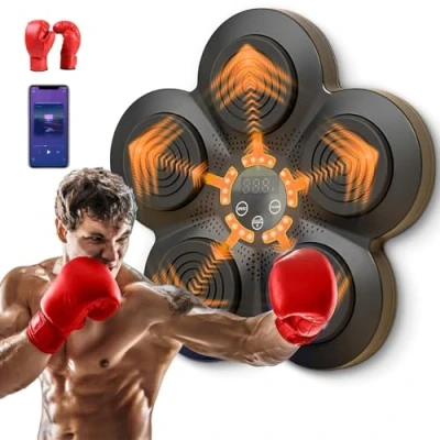 Image de Machine de Boxe Musique pour Adultes, 9 Modes Vitesse, LED Musicale avec Gants Boxe, Prend en Charge Bluetooth et Comptage Intelligent (Marron+Gants Enfant)