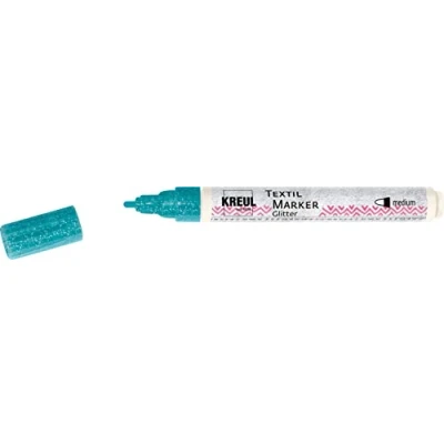 Image de KREUL 92666 Textil Marker Glitter Medium Turkis, Crayon de Peinture Semi Opaque avec Effet Scintillant, épaisseur Trait d&#039;environ 2 à 4 mm, pour Tissus clairs et foncés, 623695, Turquoise
