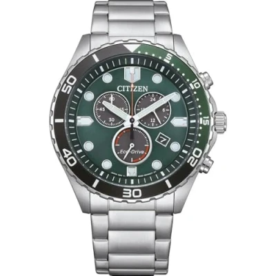 Image de Montre homme Citizen Eco Drive Chronograph GMT en acier inoxydable avec cadran vert AT2561 81X 100M