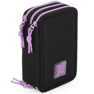 Image de Julian Ross Trousse triple remplie pour enfants, 45 accessoires école primaire, 3 fermetures éclair, compartiments organisés, crayons, marqueurs, colle, ciseaux, Noir et violet., Porte stylo