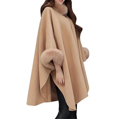 Image de Manteau de Laine Femme Veste Loose Fit Manches Longue Cape Automne Hiver Grande Taille Chameau XL