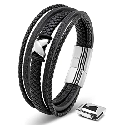 Image de SERASAR Bracelet Cuir Homme Argent 23cm Bijoux Acier Inoxydable Véritable Multi Tissé Réglable Les Hommes Chaîne Tressé Accessoire Jeune Garcon Luxe Cadeaux Saint Valentin Large Classic Men