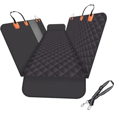 Image de Housse de siège arrière pour chien voiture SUV et camion Avec fenêtres en maille Matériau résistant aux rayures à l&#039;eau Version améliorée Noir orange (avec laisse chien)