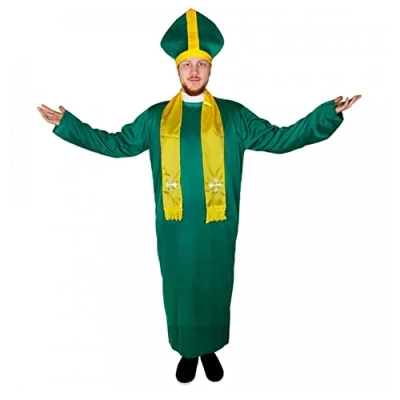 Image de Déguisement de prêtre Irlandais avec une grande toge verte + étole jaune mitre ornée d&#039;une croix pour adulte. Ideal les enterrements vie garçon. ( Large )