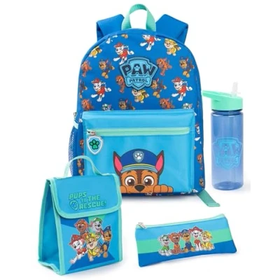 Image de Paw Patrol Garçons sac à dos ensemble bleu et vert pour enfants 4 pièces avec d’école, étui, lunch bouteille d’eau Chase Dog Crew Graphic assorti complet