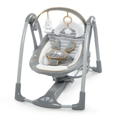 Image de Ingenuity, Balancelle Compacte Bella Teddy, 5 vitesses de balancement, 8 mélodies apaisantes, Arche Jeu, 2 Jouets Peluche, Points Harnais, dès la naissance à 9 kg