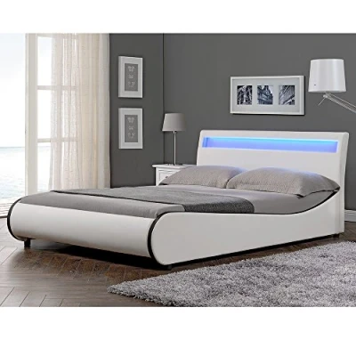 Image de Corium Lit Double Rembourré Éclairage LED Integré Sommier à Lattes 180 x 200 cm Housse Similicuir Blanc Noir