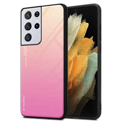 Image de Coque pour Samsung Galaxy S22 ULTRA en JAUNE ROSE Housse de protection Étui bicolore silicone TPU et dos verre trempé Neuf