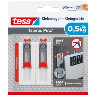 Image de Tesa 77782 Clous adhésifs Papier peint et Plâtre Ajustement horiz./vert. Auto adhésif pour Routeur wifi Adhérence de 0,5 kg/clou s&#039;enlève sans traces Blanc