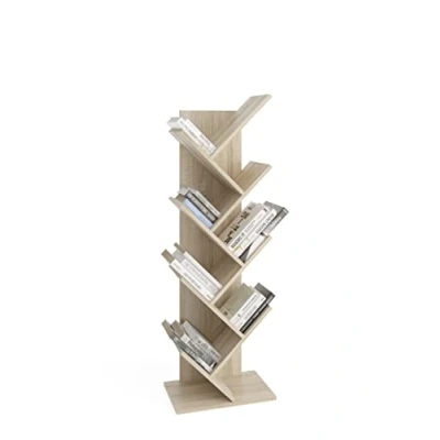 Image de Bibliothèque Basil verticale FMD Scandinave Moderne Décor en chêne 8 étagères à motif chevron