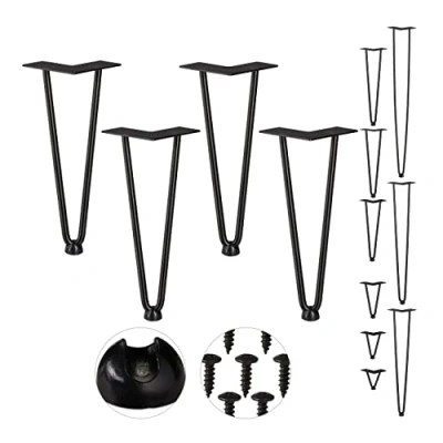 Image de Relaxdays Pieds en épingle à Cheveux, Jeu de 4, 2 entretoises, métal, tabourets, Table et Armoire,30 cm, Noir, Acier, Caoutchouc, Lot 4